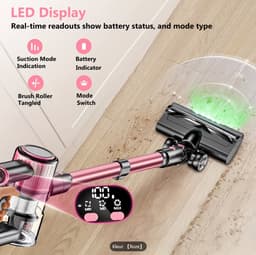 Draadloze Steelstofzuiger 45KPA – Krachtige Accu Stofzuiger met LED Display, 6-Laags Filtersysteem, 45 Min Accuduur, Inclusief 10 Opzetstukken – Geschikt voor Huisdieren & Harde Vloeren ROZE — thumbnail 1
