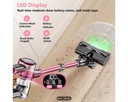 Draadloze Steelstofzuiger 45KPA – Krachtige Accu Stofzuiger met LED Display, 6-Laags Filtersysteem, 45 Min Accuduur, Inclusief 10 Opzetstukken – Geschikt voor Huisdieren & Harde Vloeren ROZE
