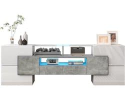 TV Meubel Laagglans Wit 145 cm met LED Verlichting en Glazen Tafelblad - Modern Woonkamermeubel