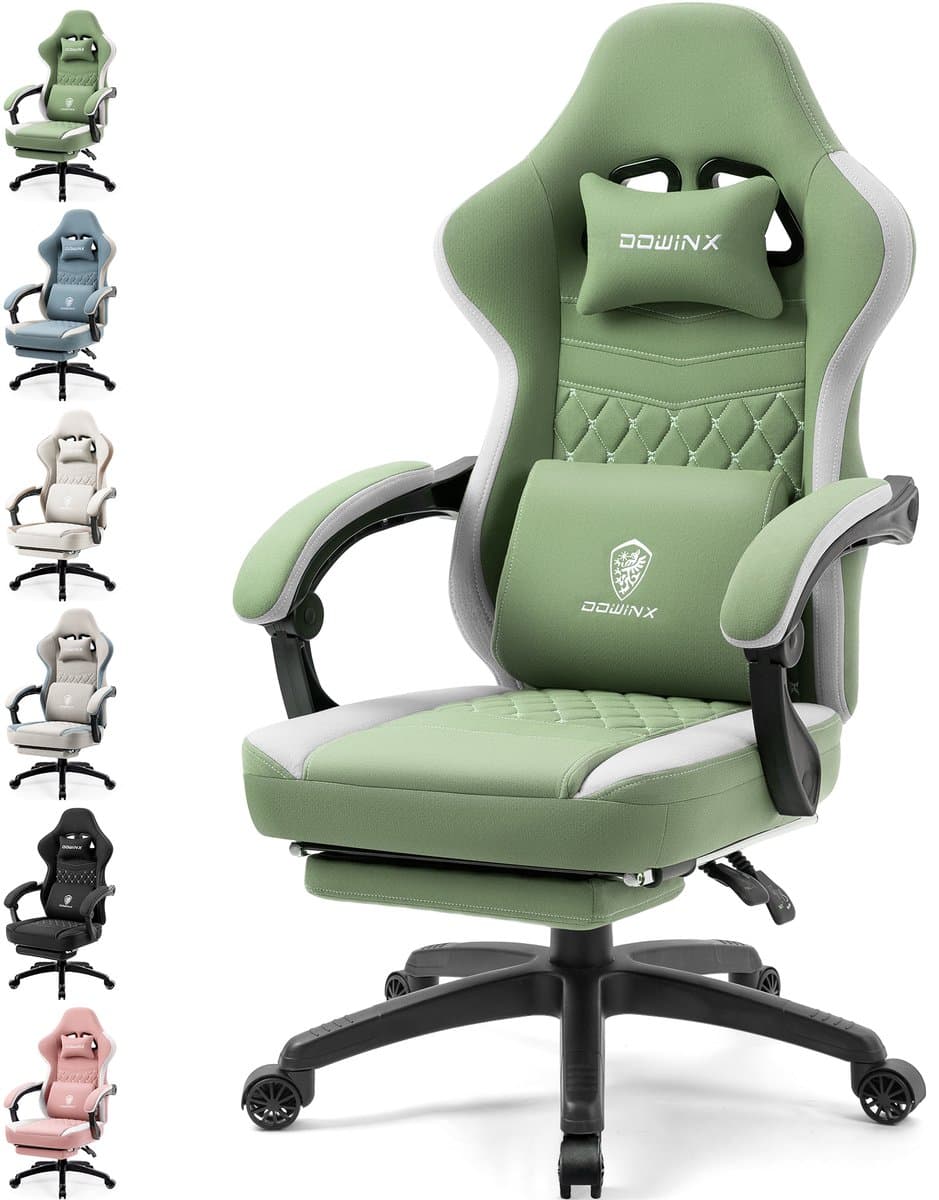 Dowinx Gamingstoel van Stof - Bureaustoel met Pocketvering - Ergonomische PC-stoel met Massagefunctie en Voetensteun - Belastbaar tot 150 kg - Groen — afbeelding 1