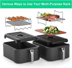 2-delig grillrooster - Stoomrek voor frituurpan - Dubbellaags grillrooster van roestvrij staal - Vierkant barbecuenet - Accessoires voor airfryer - met 4 vleesspiesnaald - Voor frituurpannen, ovens en magnetrons (zilver - diverse maten) — thumbnail 6