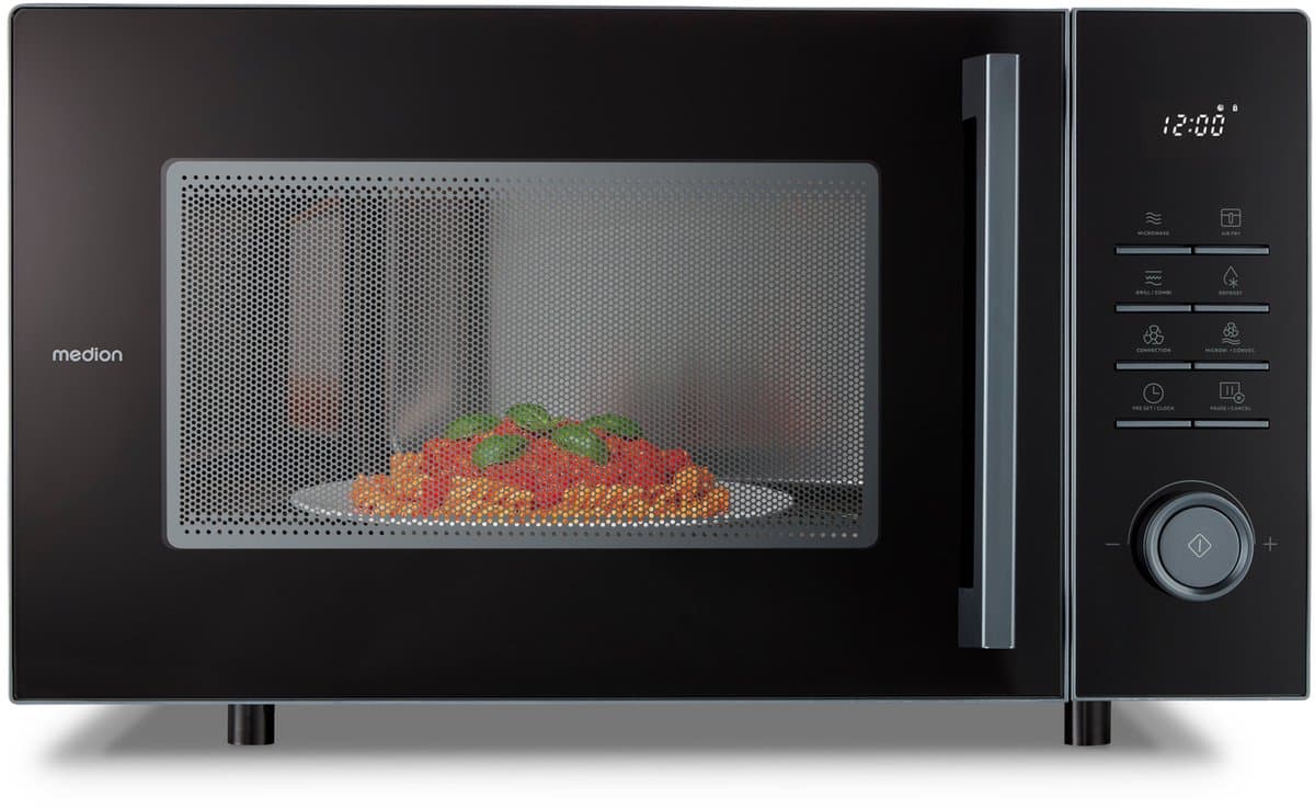 MEDION Mikrowelle mit Grill und Heißluft, Airfryer & Heißluftfritteuse, 25 Liter, 900 W Mikrowellenleistung, Backofenfunktion, inkl. Air fryer Zubehör - Grillrack & Backteller - MD12231 dunkel grau — afbeelding 1