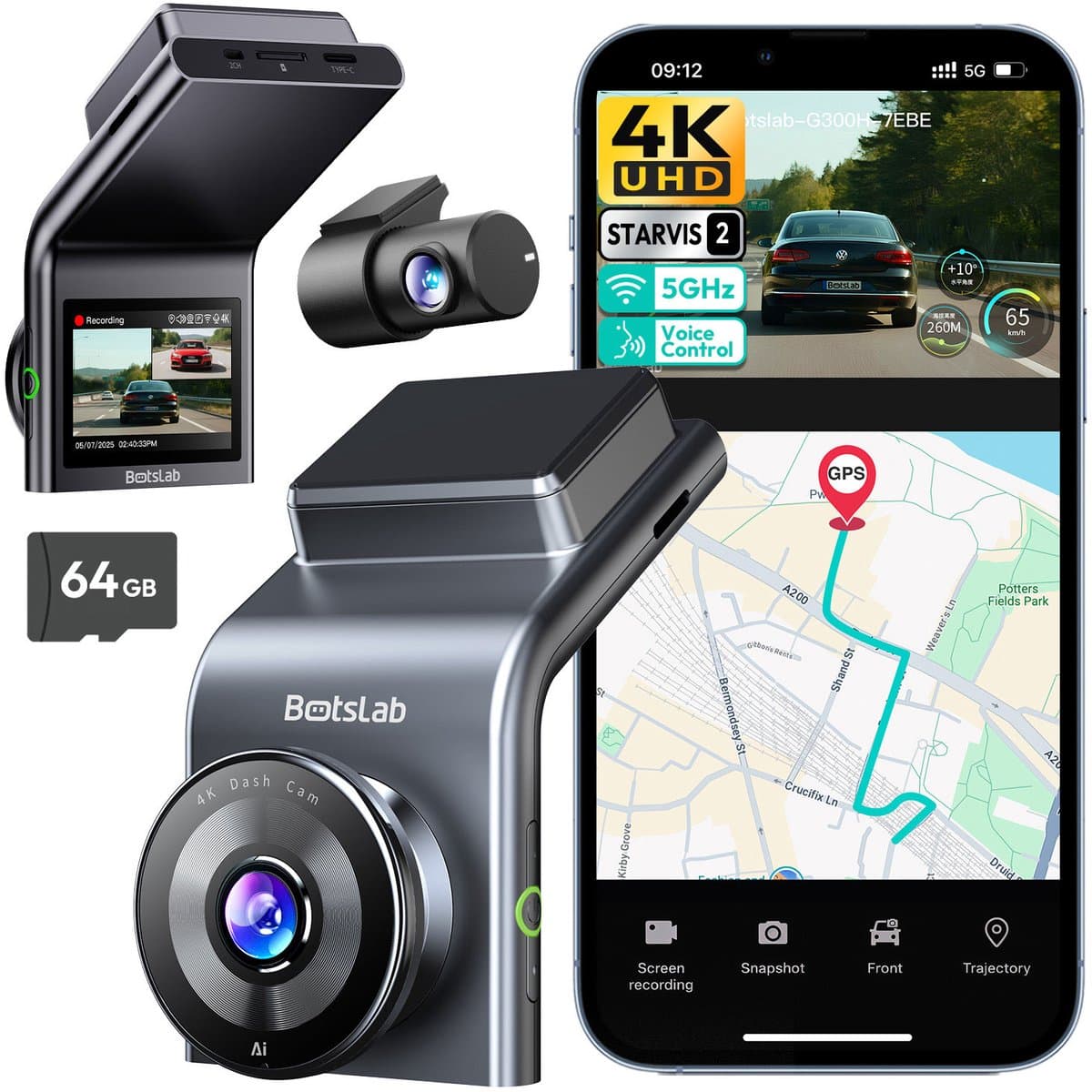 Botslab G300H Plus Dashcam - 4K resolutie + FullHD achtercamera - Night vision met Sony Starvis 2 sensor - App bediening met Wifi - GPS ingebouwd - 2,0 inch LCD - inclusief 64gb Micro SD kaart — afbeelding 1