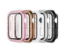 5 stuks Zwart transparant zilverkleurig roze en rosé goudkleurig smartwatch screenprotector met beschermhoes set geschikt voor Apple Watch 42 mm serie 1 / 2 / 3 PC case met dubbele rij strass steentjes