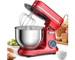 Shopwizz Keukenmachine - Met Mengkom - OLED Scherm - Incl. Garde, Deeghaak en Platte Haak - 11 Snelheden - Blender - Mixer - 2000W - 6.2L - Rood