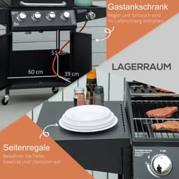 Gasbarbecue - Gasbarbecue en grill - 4 Branders - Verrijdbare Barbecuewagen - met Grillrooster, 4 Wielen, Bijzettafels, Drukregelaar, Slangen, Hermometer en Warmhoudplaten - Zwart — thumbnail 5