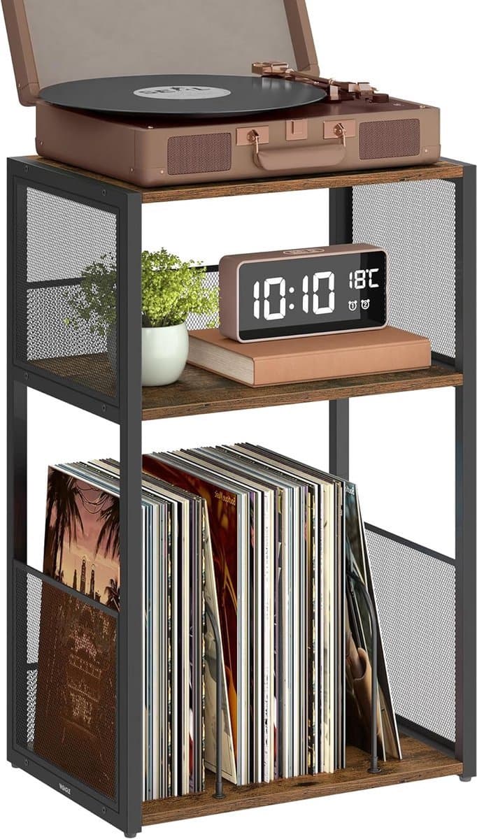 Homesy Platenspeler Standaard - 3 Etages - Bijzettafel - Opbergrek voor Vinylplaten - Tot 100 Albums - Vintage Bruin — afbeelding 1