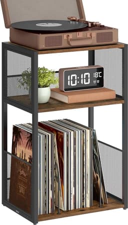 Homesy Platenspeler Standaard - 3 Etages - Bijzettafel - Opbergrek voor Vinylplaten - Tot 100 Albums - Vintage Bruin — thumbnail 1
