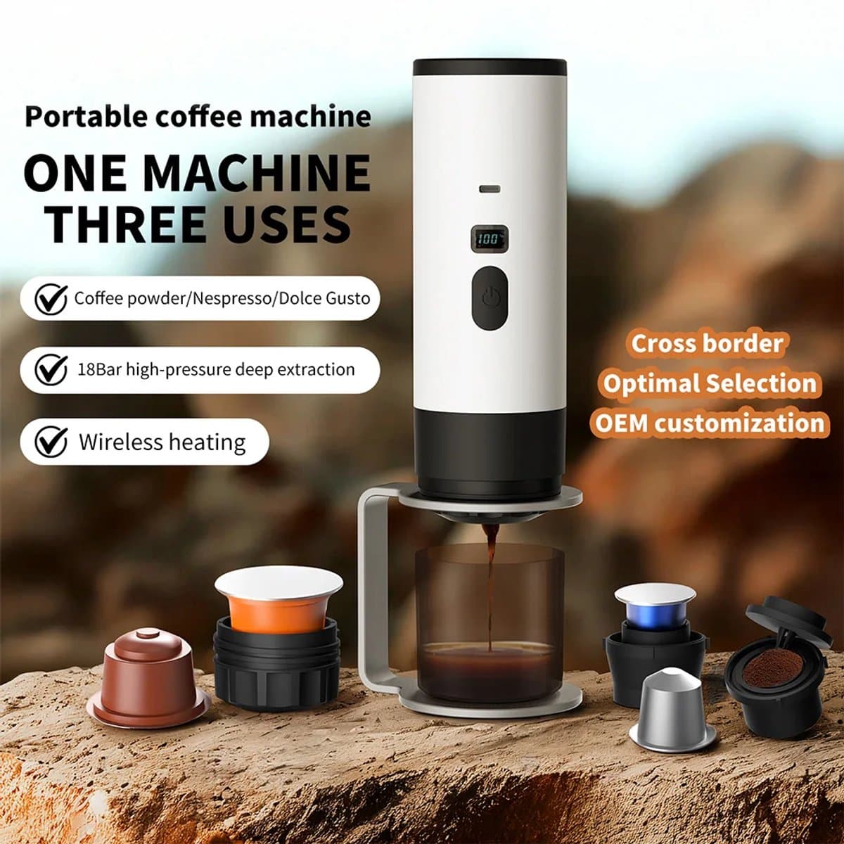 Draagbaar koffiezetapparaat 3-in-1 Wit - Oplaadbaar, draagbaar reiskoffiezetapparaat - 12V espressomachine voor capsule-Capaciteitsupgrade -CNC - Verhoogde capaciteit-gemalen koffie en koffie cups - voor kamperen, reizen, kantoor, auto en thuis — afbeelding 1