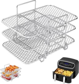 Geschikt voor Airfryer-rekken- Airfryer-accessoires 3 rekken- Airfryer-rek met dubbele mand 304 roestvrij staal keukenaccessoires voor airfryer- geschikt voor airfryers met dubbele mand (19-3 * 12-3 * 11-5 cm) — thumbnail 1