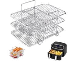 Geschikt voor Airfryer-rekken- Airfryer-accessoires 3 rekken- Airfryer-rek met dubbele mand 304 roestvrij staal keukenaccessoires voor airfryer- geschikt voor airfryers met dubbele mand (19-3 * 12-3 * 11-5 cm)