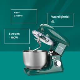 Foodprocessor Met 7 Accessoires - Mengbeker - Vleesmolen - Grote Kom - Beschermdeksel - Garde - Mixer En Kneedmachine - Groen - 6 Liter — thumbnail 2