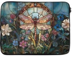 Laptophoes 17 inch - Libelle - Mozaïek - Bloemen - Kleurrijk - Laptop sleeve - Binnenmaat 41x28 cm - Zwarte achterkant