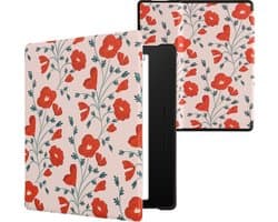 kwmobile e-reader hoesje geschikt voor Amazon Kindle Oasis 10. Generation hoes - E reader flip case met magnetische sluiting - Ereader cover - Klaprozen design in rood / groen / beige