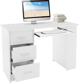 Bureau met drie laden drie legplanken en toetsenbordlade 110x49x75 cm Wit hout ML-Design — thumbnail 1