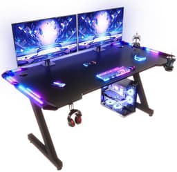 Devoko Gamingbureau 160 × 60 × 75 cm – Carbonlook met LED-verlichting en Touchbediening – Draagvermogen 100 kg – Bekerhouder en Koptelefoonhaak – Zwart — thumbnail 1