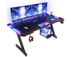 Devoko Gamingbureau 160 × 60 × 75 cm – Carbonlook met LED-verlichting en Touchbediening – Draagvermogen 100 kg – Bekerhouder en Koptelefoonhaak – Zwart