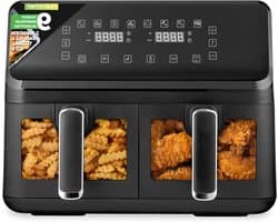 Dubbele Mand Airfryer - Heteluchtfriteuse Olievrij - Familie Maaltijden Bereiden - Transparant Kookvenster - 88 Liter Capaciteit - Zwart
