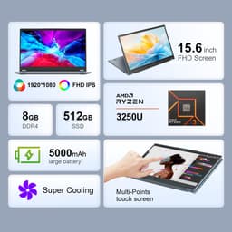 2-in-1 Laptop 8GB DDR4+512GB SSD - AMD Ryzen 3 3200U - 15,6 Inch FHD IPS Touchscreen - Windows 11 Pro - Convertible Notebook — thumbnail 1