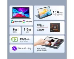 2-in-1 Laptop 8GB DDR4+512GB SSD - AMD Ryzen 3 3200U - 15,6 Inch FHD IPS Touchscreen - Windows 11 Pro - Convertible Notebook