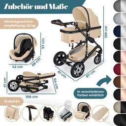 KESSER® Kinderwagen 3 in 1 Loops Wandelwagen Set incl. Autostoel & Reiswieg & Buggy Sportzitje - Massieve Rubberbanden - Luiertas / Regenhoes - Beige / Zwart — thumbnail 2