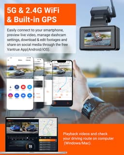 VANTRUE E2 1944P+1944P Dashcam Auto 5GHz WiFi GPS, Draadloze en Spraakgestuurde Dashcam Voor Achter, WDR-nachtzicht, Buffer Parkeermodus Autocamera, 2,45 Inch Lusopname G-sensor, Max. 512GB — thumbnail 5