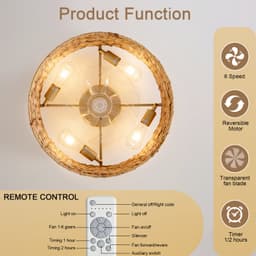 MIVRAY Plafondventilator Met Verlichting – Zes Snelheden – 50 x 20 Cm – Rattan en Kunststof – Koperkleurig – Voor Kleine Slaapkamers — thumbnail 4