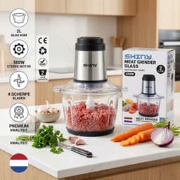 Shiny Meat Grinder – Elektrische Vleesmolen met Glazen Kom – 2L – 500W – 2 Snelheden – 4 RVS Messen — thumbnail 2