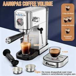 Espresso Koffiemachine – 20 bar, 1350 W, Stoompijp, Drukmeter, 1,1 L Waterreservoir, 2-in-1 Filterhouder – RVS — thumbnail 2