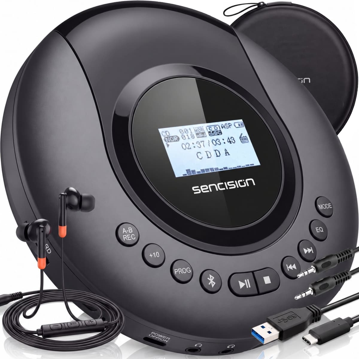 Sencision Draagbare CD Speler met Bluetooth 5.1 - Discman - CD Speler Bluetooth - USB-C Oplaadbaar - Anti-Shock - Oordopjes en Opberghoes - Zwart — afbeelding 1
