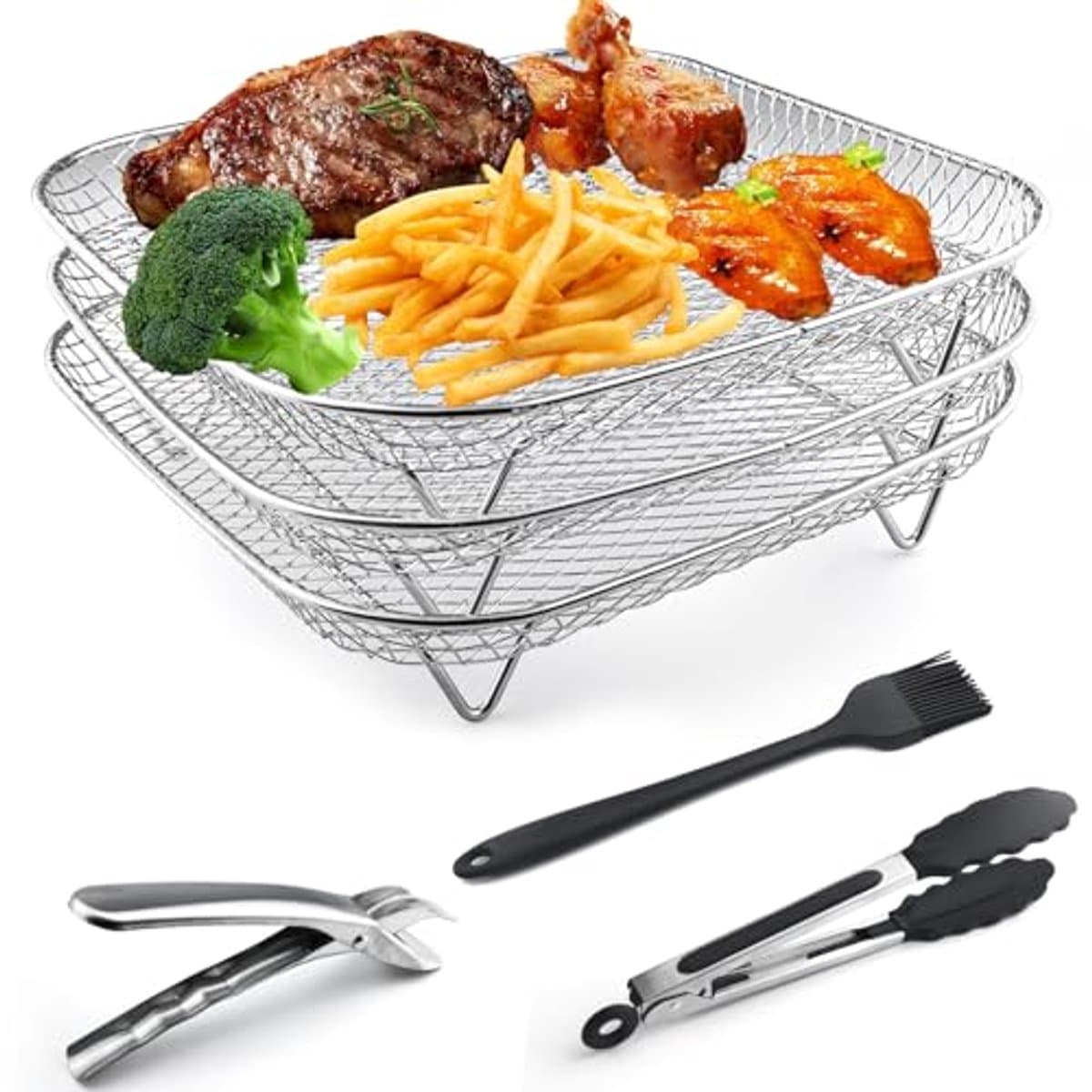 Stainless Steel Air Fryer Rack - 3-Layer Stackable Dehydrator with Tongs and Brush — afbeelding 1