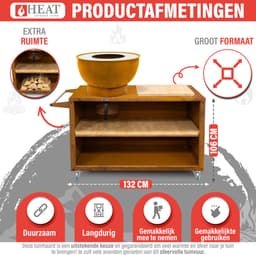HEAT Buitenkeuken Trolley Roest – Vuurschaal 60 cm - Mobiele BBQ & Plancha met Snijplank – 117x46x106 cm — thumbnail 4