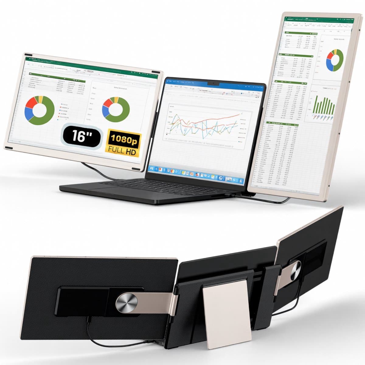 Stemap® Portable Monitor 16" Inch One Cable Tri Screen | Geschikt voor laptops van 13" t/m 17.3" Inch | Incl. Reistas | Laptop scherm extender | Draagbare monitor | 16 inch monitor — afbeelding 1