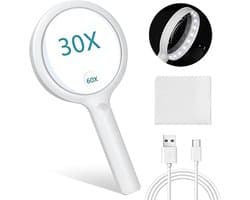 Vergrootglas met Licht - 30X Leesvergrootglas voor Senioren en Kinderen - Oplaadbare USB en 3 Lichtmodi
