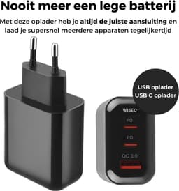 45W snellader GaN technologie - adapter USB A en USB C poorten - inclusief USB C naar USB C kabel 2 meter - geschikt voor Samsung Galaxy en iPhone 17 / 16 / 15 - zwart - WiseQ — thumbnail 8