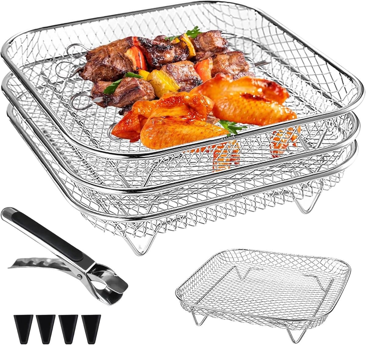 Air Fryer Rack, 3 stuks airfryer-accessoires, 3-laags stapelbaar luchtfriteuse-rek, accessoires heteluchtfriteuse, voor oven, airfryer-accessoires, vierkant, roestvrij staal, grillrooster voor grillen — afbeelding 1
