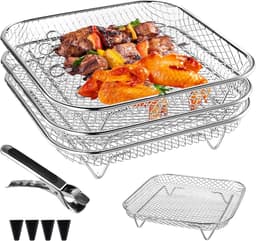 Air Fryer Rack, 3 stuks airfryer-accessoires, 3-laags stapelbaar luchtfriteuse-rek, accessoires heteluchtfriteuse, voor oven, airfryer-accessoires, vierkant, roestvrij staal, grillrooster voor grillen — thumbnail 1