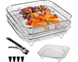 Air Fryer Rack, 3 stuks airfryer-accessoires, 3-laags stapelbaar luchtfriteuse-rek, accessoires heteluchtfriteuse, voor oven, airfryer-accessoires, vierkant, roestvrij staal, grillrooster voor grillen