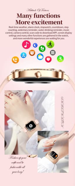 Knobbout 1,75 inch HD gebogen scherm smartwatch met ingelegde diamant - Slank, stijlvol en elegant design - Vrouwelijke gezondheidstracking - Bluetooth-belfunctie - Roségouden talen band met kristallen + extra siliconen band — thumbnail 3