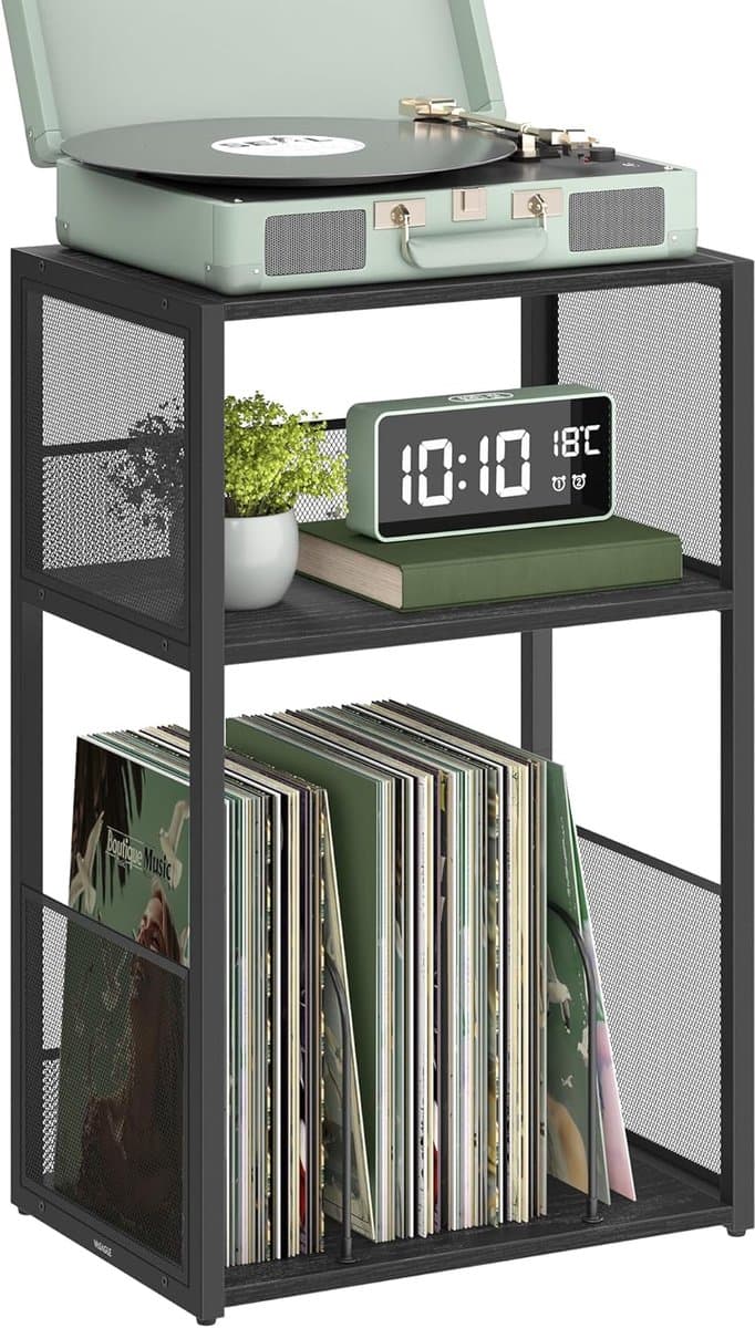 FurnStar – Platenspeler standaard – 3 etages – Opslag tot 100 LP’s – Bijzettafel – Industriële stijl – 30 x 43 x 69 cm – Ebbenhout zwart — afbeelding 1