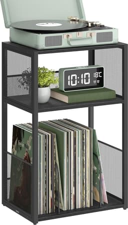 FurnStar – Platenspeler standaard – 3 etages – Opslag tot 100 LP’s – Bijzettafel – Industriële stijl – 30 x 43 x 69 cm – Ebbenhout zwart — thumbnail 1