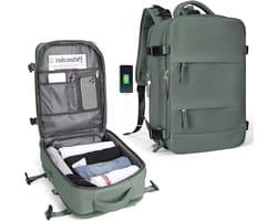 Rugzak voor backpacken, grote reistas voor dames en heren, handbagage, waterdichte outdoorrugzak voor 14 inch laptop met USB-oplaadpoort, schoenenvak - donkergroen