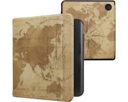 kwmobile e-reader hoesje geschikt voor Kobo Libra Colour hoes - E reader flip case met magnetische sluiting - Ereader cover - Vintage Travel design in bruin / lichtbruin
