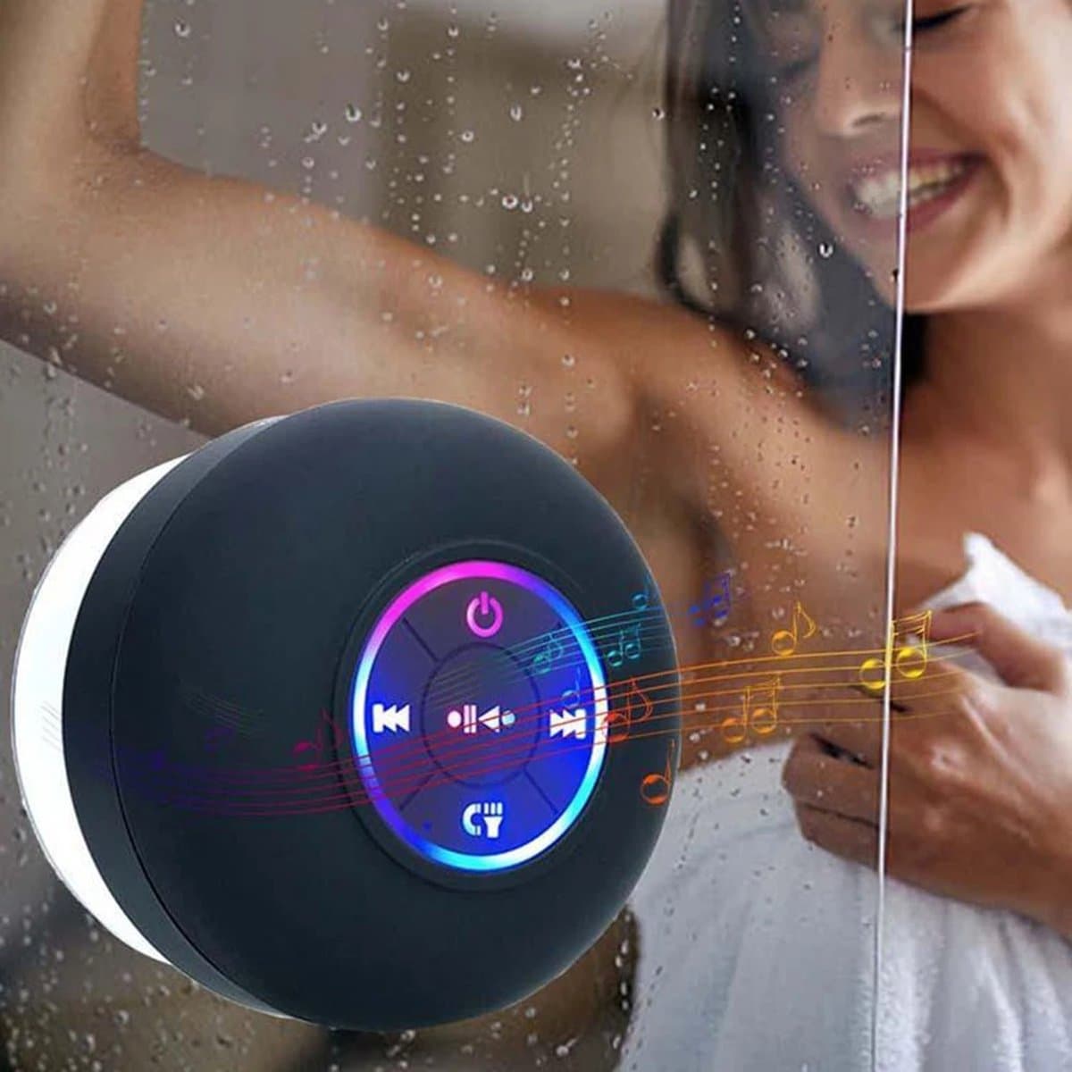 Zwarte Waterdichte LED Bluetooth Douche Luidspreker / speaker met Zuignap - USB Oplaadbaar - Geschikt voor Smartphone, Tablet en PC - IPX-4 — afbeelding 1