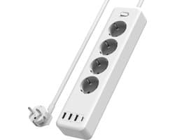 Stekkerdoos met 1,85m snoer – 4x stopcontact + 3x USB-A + USB-C – Splitter - Kinderbeveiliging – randaarde stekker – max. 4000W Snellader voor Laptop, Telefoon & Tablet - Oplader, Adapter