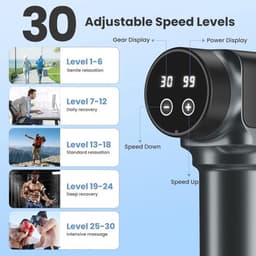 Massagepistool, massagepistool voor diepe weefselmassage voor pijnverlichting, percussieve spiermassagepistool voor atleten, draagbare elektrische rugmassager met 30 snelheidsniveaus en 9 massagekoppen (grijs) — thumbnail 4