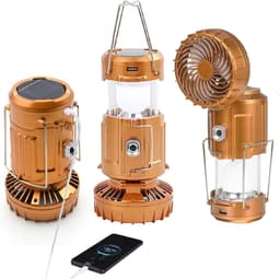 Campinglantaarn met ventilator, opvouwbare zaklamp/lantaarn, USB-oplaadbaar, werkt op zonne-energie en batterijen, campinglamp voor picknick, barbecue, vissen, reizen, oplaadbare noodverlichting (goud) — thumbnail 1
