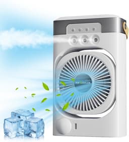 Draagbare ijsblokjesventilator met watergekoelde luchtkoeler, 3-in-1 mini-verdampingskoelventilator met ledverlichting, timer, 3 ventilatorsnelheden en sproeistand. — thumbnail 1