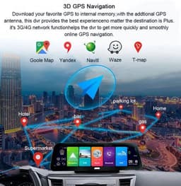 Dashcam voor Auto - 10” Android 8.1 Dashcam - IPS Touchscreen - ADAS Rijhulp - GPS Navigatie - WiFi - Dual Camera 1080P - Parkeermodus - G-Sensor - 4G 6m Camera aan de Achterkant - Zwart — thumbnail 3
