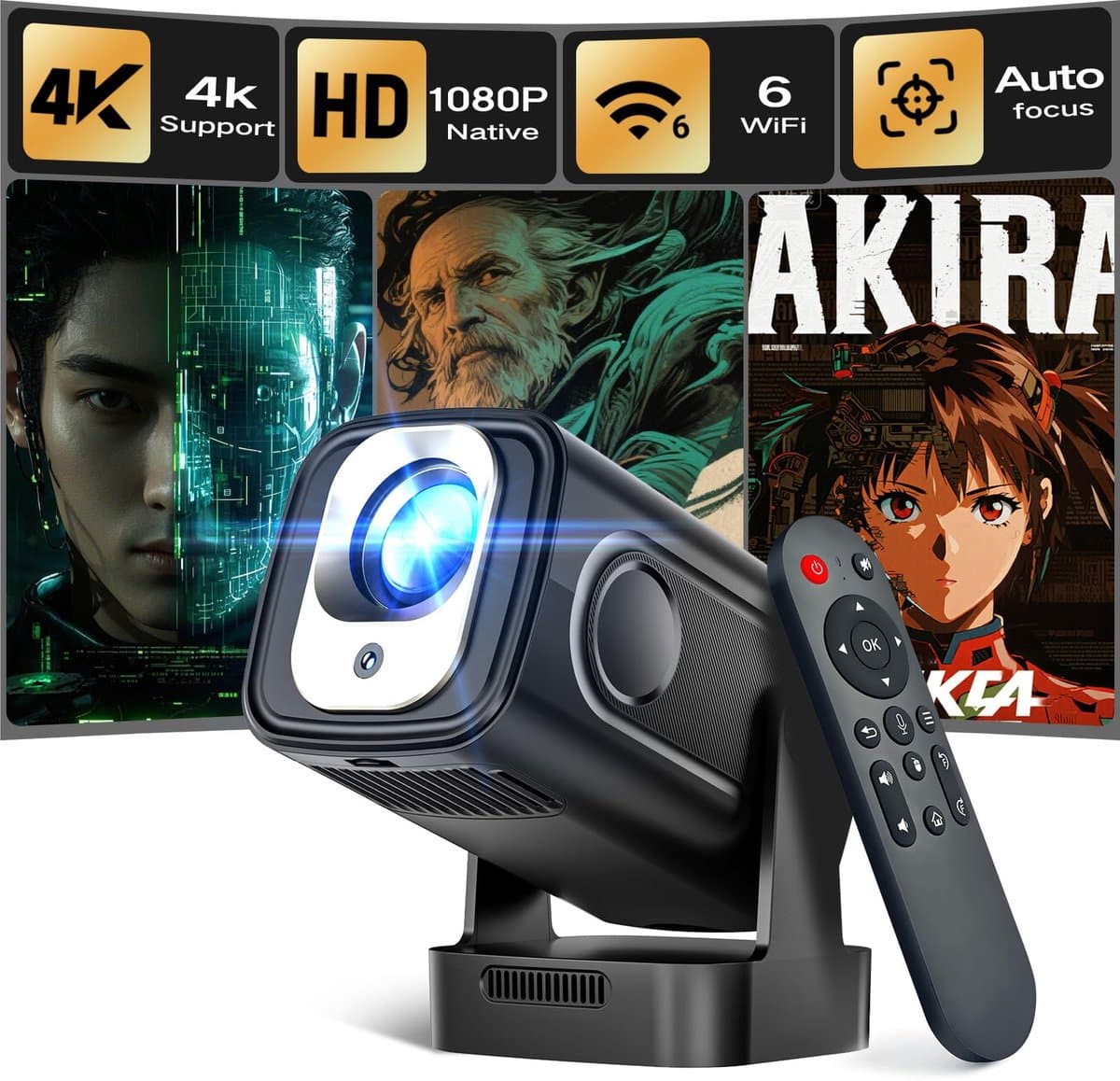 SnelShoppen - Mini Projector 4K Native 1080P Draagbare Projector met Android, Autofocus, Keystone-correctie, WiFi 6, Bluetooth 5.4, 5W Luidspreker, 18 — afbeelding 1
